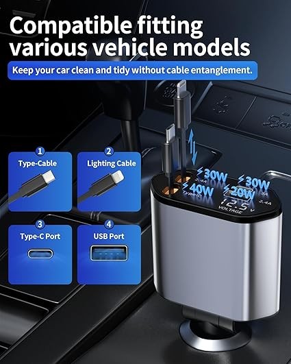 伸縮車載充電器 USB C [升級版雙型 C] 75W 快速 4 合 1 車載充電器 適用於 iPhone 17 的 RV 電源適配器 男女皆宜 Galaxy S26 手機 17 Pro Max 16 15